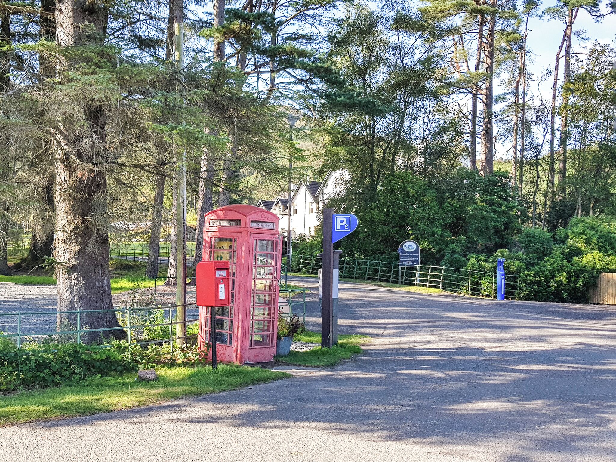 Une cabine téléphonique rouge et un panneau de signalisation de stationnement bleu, situés dans une zone boisée.