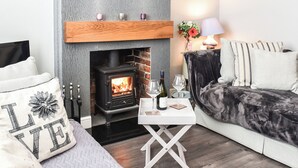 A cozy living room with a wood-burning stove, a sofa, a coffee table, and a TV.