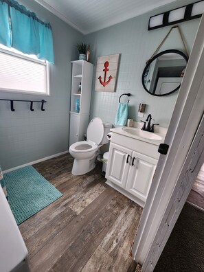 Shower, towels, toilet paper