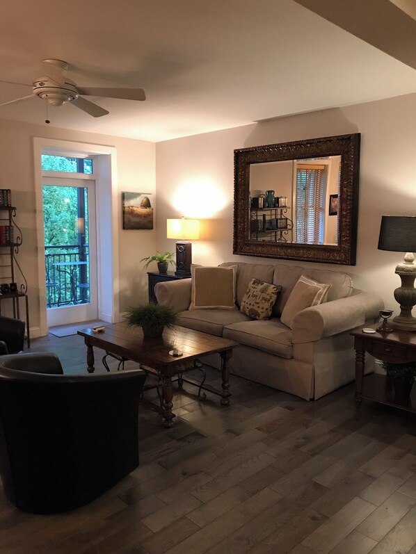 Smart TV, fireplace, DVD player, books