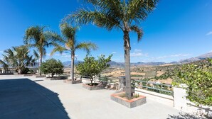 A rooftop terrace with palm trees, a clear sky, and a mountainous landscape in the background. - Villa Rural el Mirador Álora by Ruralidays (Málaga)