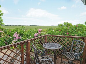 Un balcon doté d’une rambarde en treillis, de deux chaises en métal et d’une petite table ronde.