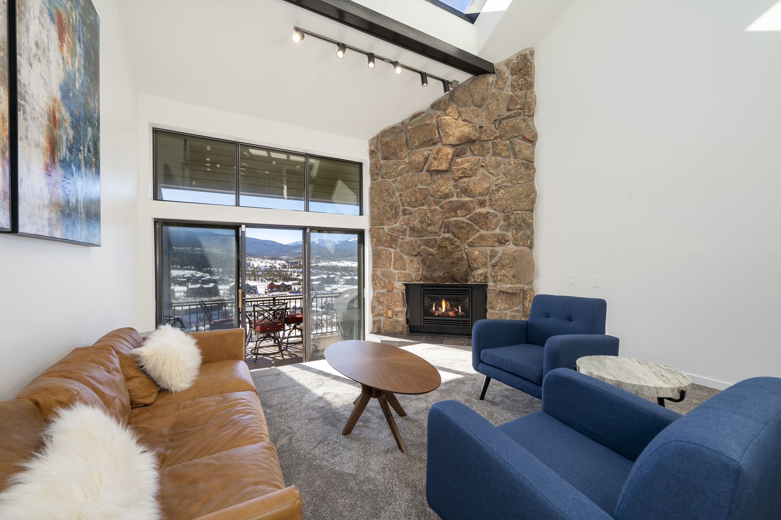 Smart TV, fireplace, books