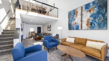 Smart TV, fireplace, books