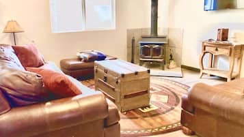 Een smart-tv, een open haard en een dvd-speler