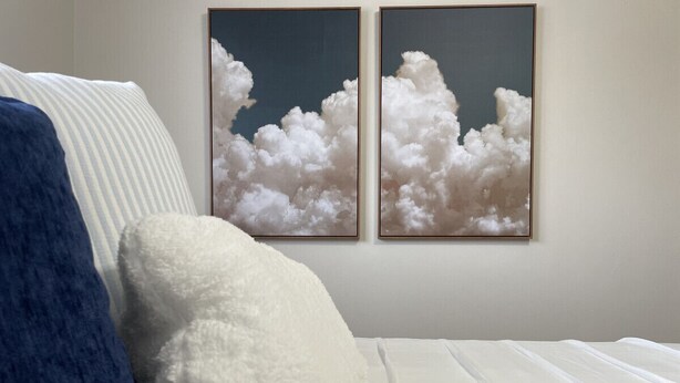 A bedroom with a bed, two pillows, and two framed cloud paintings on the wall. - Chic & Cozy APT-Self Check-In (Appleton)