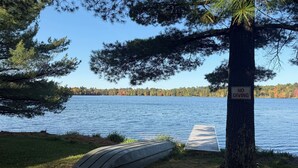 Vista de un lago con un letrero que dice 'NO DIVING' en un árbol, un muelle y una zona cubierta de césped.