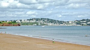Une plage avec vue sur une ville côtière et une grande grande roue visible au loin.