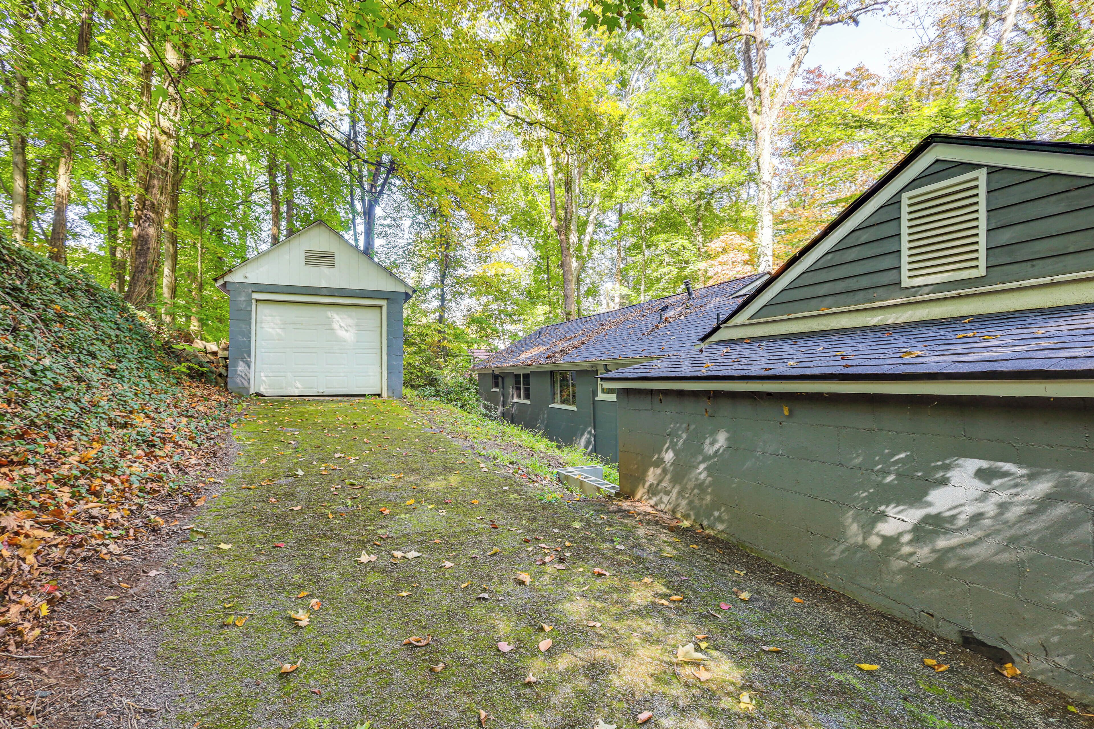 A pathway leading to a garage and a building with a sloped roof, surrounded by trees and a grassy area with fallen leaves.