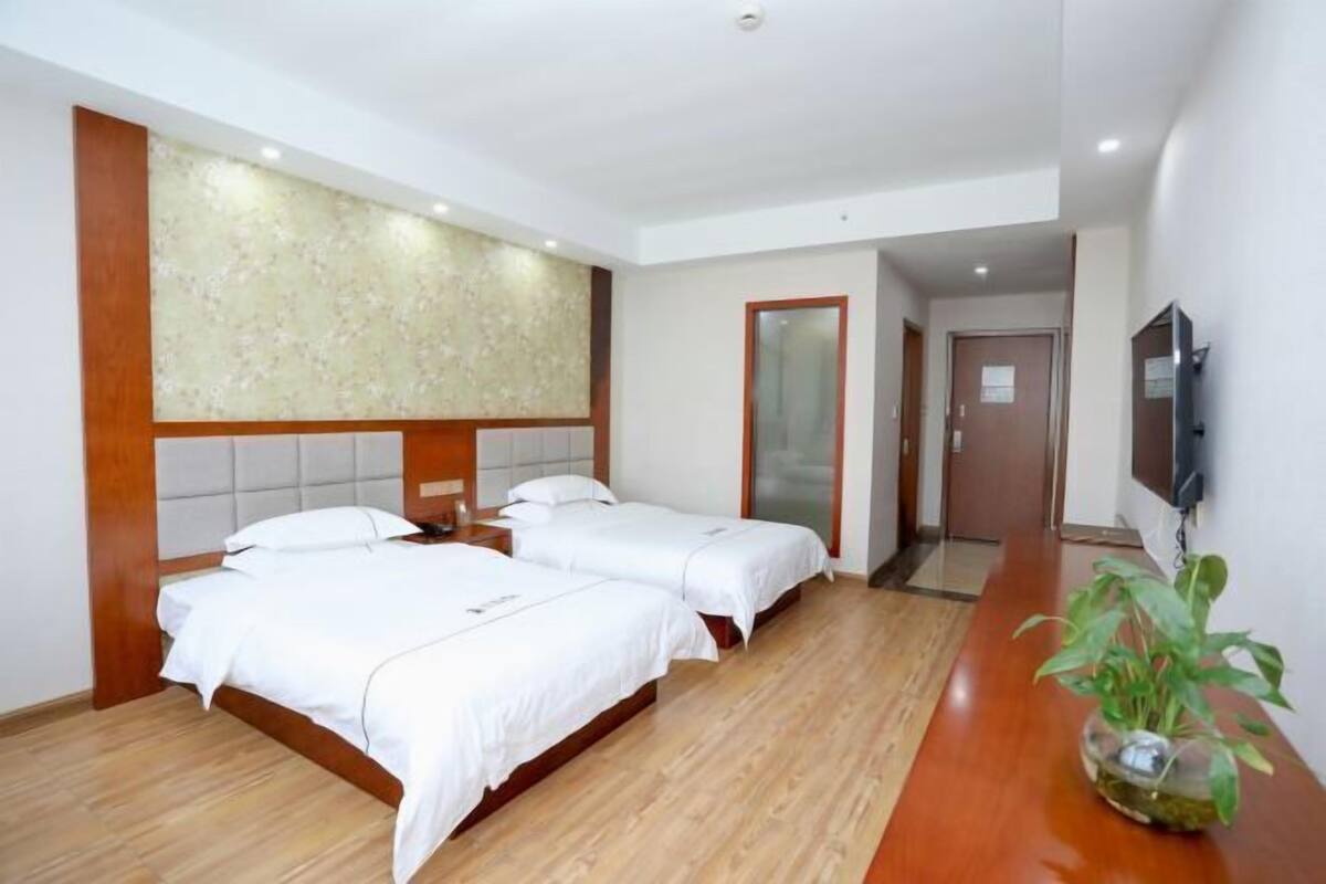 Habitación de hotel con dos camas, un espejo grande, un televisor y una planta.