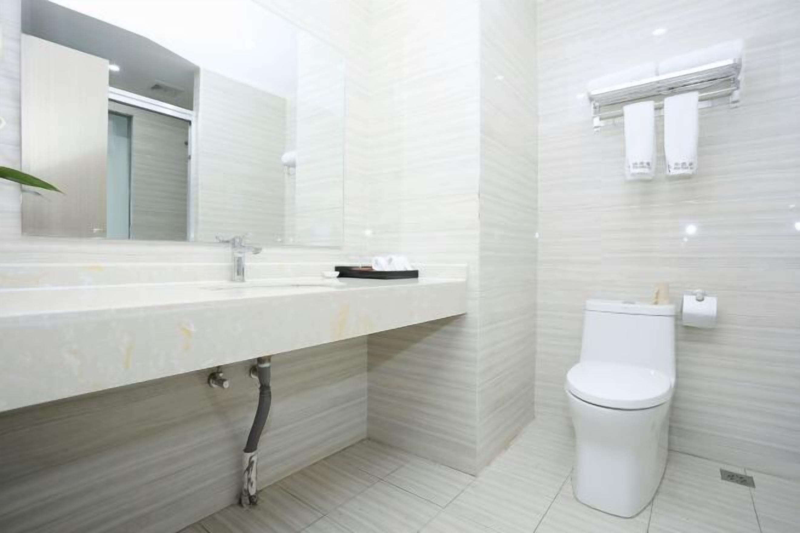 Une salle de bain moderne avec un lavabo blanc, un miroir et des toilettes.