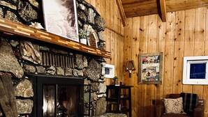 Una habitación acogedora con chimenea de piedra, paredes de madera, un sofá de cuero y un cartel enmarcado en la pared.