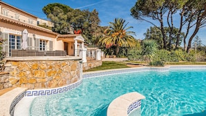 Piscina con pared de piedra y mosaicos azules, rodeada por un jardín con diferentes árboles y plantas.