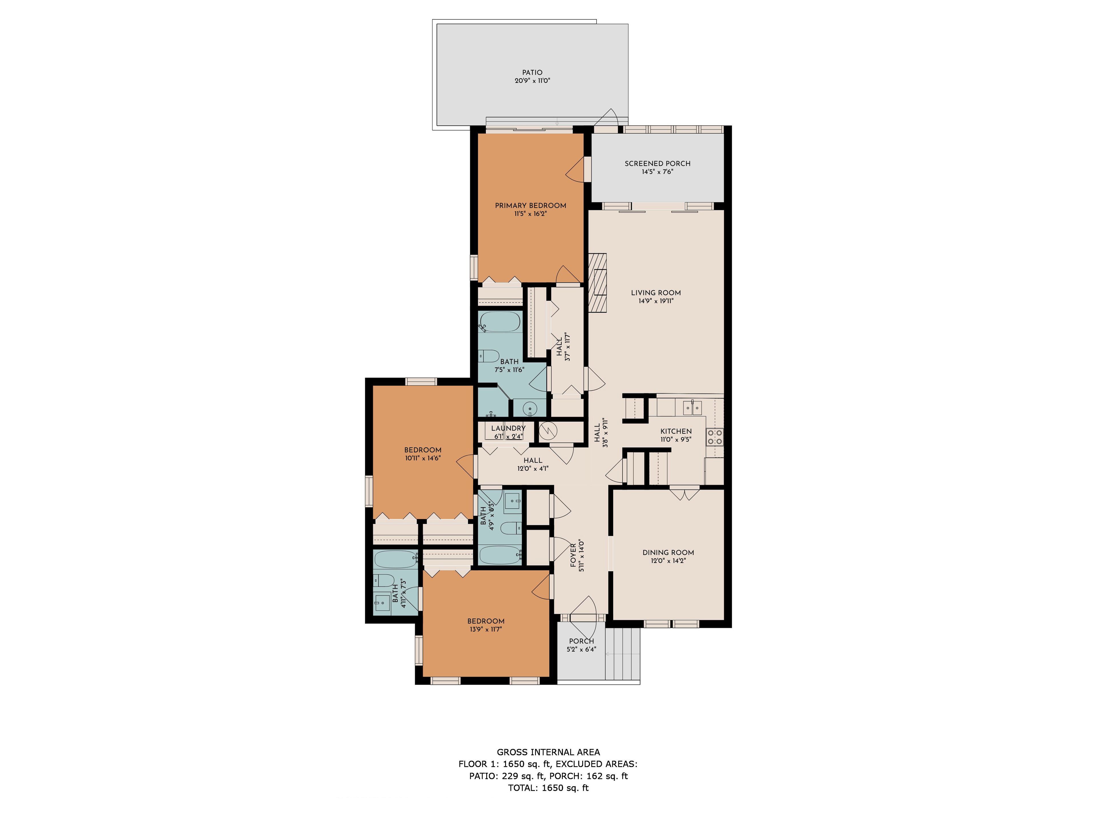 A floor plan of a house with a total gross internal area of 1650 sq. ft. on the first floor, excluding areas like the patio (229 sq. ft.), porch (162 sq. ft.), and total area (1650 sq. ft.).