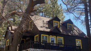 Een chalet met een stenen fundering, een zwart buitenschil met gele accenten en een zwarte reling rondom het terras.