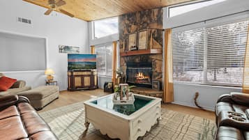 Smart TV, fireplace, table football, books