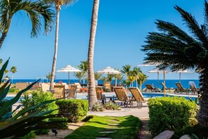 A resort pool area with lounge chairs and umbrellas, palm trees, and a view of the ocean.