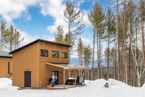 A modern wooden cabin with a covered patio, surrounded by snow and trees.