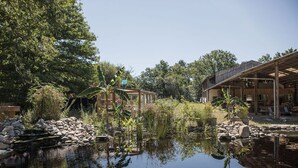 Un étang paisible, entouré de végétation, et une structure en bois dotée d’un patio couvert.