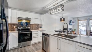 A modern kitchen with white cabinets, stainless steel appliances, and a large window providing a view of the outdoors. - 3bd_cj_12 (Breckenridge)