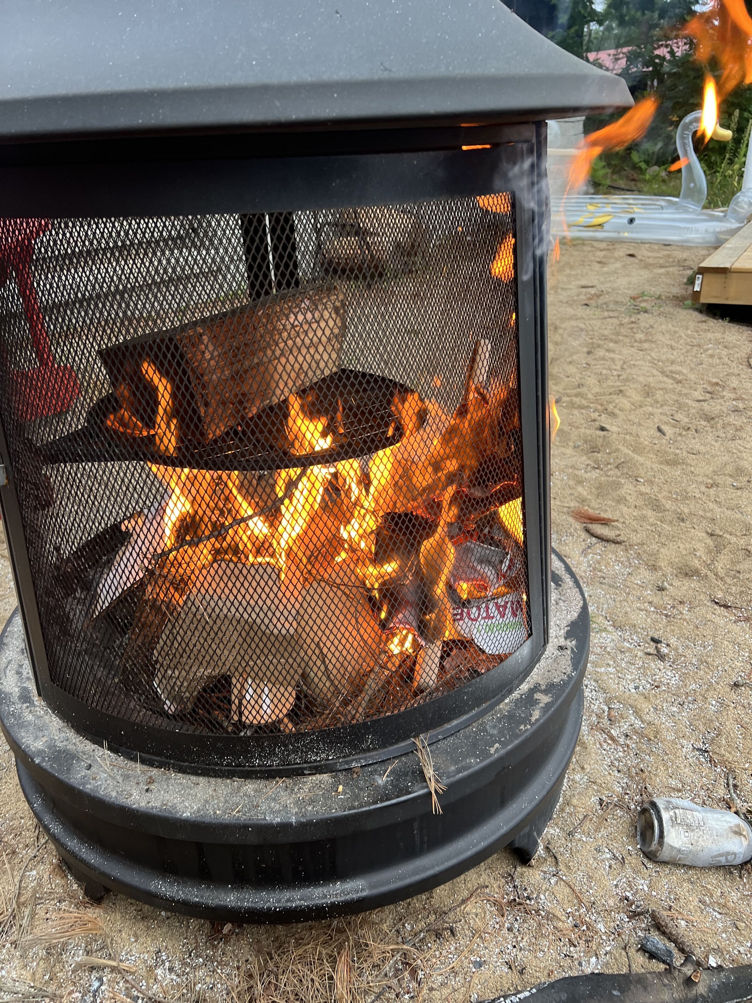 A metal fire pit with a mesh screen, surrounded by dry grass and pine needles.