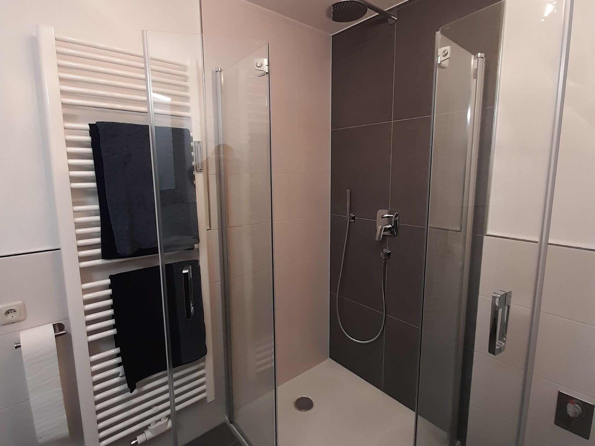 A modern bathroom with a glass-enclosed shower, a towel rack, and a toilet.