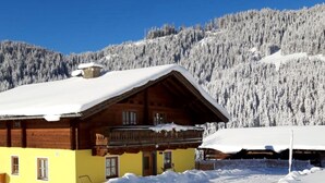 Un chalet in legno con un balcone, immerso tra alberi innevati e un cielo sereno.