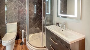 A modern bathroom with a glass shower enclosure, a toilet, a vanity with a mirror, and a sink.