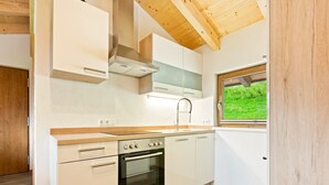 A modern kitchen with white cabinetry, a built-in oven, and a window with a view of greenery. - Apartment in Hollersbach near Kitzbühel ski lift (Hollersbach im Pinzgau)