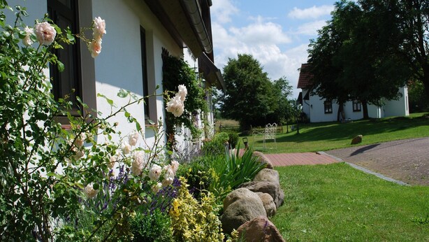 Un bâtiment à la façade blanche, un chemin bordé de pierres et un jardin où poussent différentes plantes et fleurs.