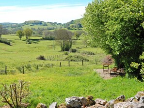 Paisaje rural con colinas onduladas, un campo cercado y un banco de madera bajo un árbol.