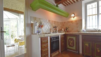 Fridge, stovetop, dishwasher, coffee/tea maker