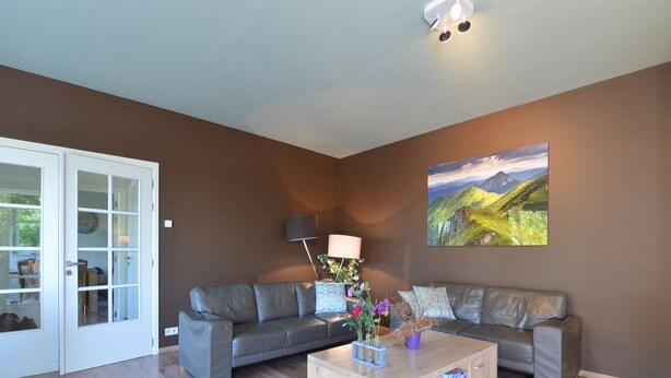 A living room with a grey sofa, a wooden coffee table, and a painting on the wall. - Durbuy Villa with Sauna (Durbuy)