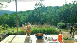 An outdoor dining table set with plates, cutlery, a bowl of salad, a bottle of wine, and a pitcher of orange juice, with a view of a forested area in the background. - Hilltop Home with Valley View (Bouzic)