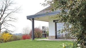 Une maison moderne dotée d’un patio couvert, d’une cheminée en pierre et d’une pelouse bien entretenue agrémentée de fleurs.