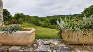Une terrasse en pierre avec deux grands jardinières remplies de plantes, offrant une vue sur un paysage verdoyant et luxuriant ainsi que sur des collines lointaines.