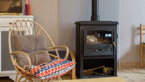 Une pièce chaleureuse avec un fauteuil en osier, un coussin à motifs, un poêle à bois noir et un téléviseur posé sur un meuble blanc.