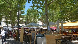 An outdoor café with tables and chairs under umbrellas, surrounded by trees. - Mediterranean Garden Retreat (Vergèze)