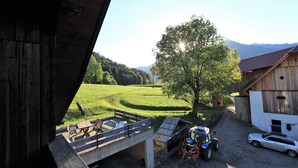 Vista desde una estructura de madera con un campo verde, un árbol y una cadena montañosa.