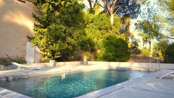 Une piscine à l’eau claire, entourée d’arbres et bordée d’une terrasse en béton.