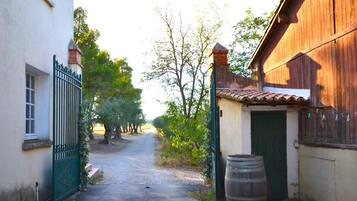 Une ruelle étroite, avec un bâtiment en bois rustique sur la droite et un bâtiment blanc sur la gauche.