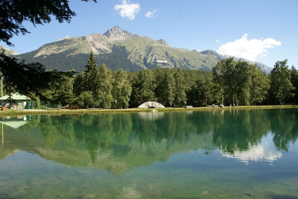 Un lac paisible aux eaux limpides, bordé d’une forêt dense et dominé, au loin, par une chaîne de montagnes.