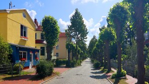 Una calle adoquinada bordeada de árboles y edificios, incluyendo un edificio amarillo con flores rojas en la ventana.