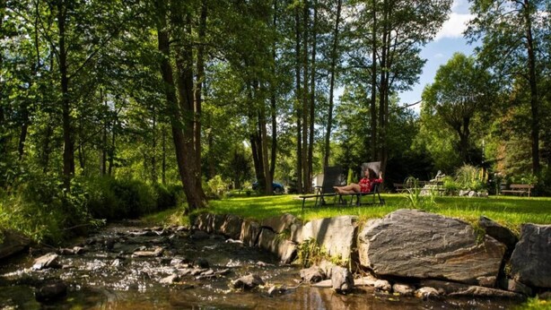 Un cadre extérieur paisible, avec un ruisseau, une végétation luxuriante et un espace pique-nique équipé d’une table et de chaises.