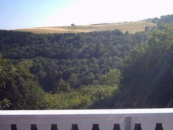 A view of a hilly landscape with dense forest and a white building in the foreground.