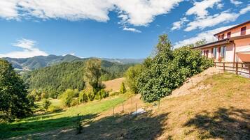 A hillside property with a house overlooking a valley and mountains.