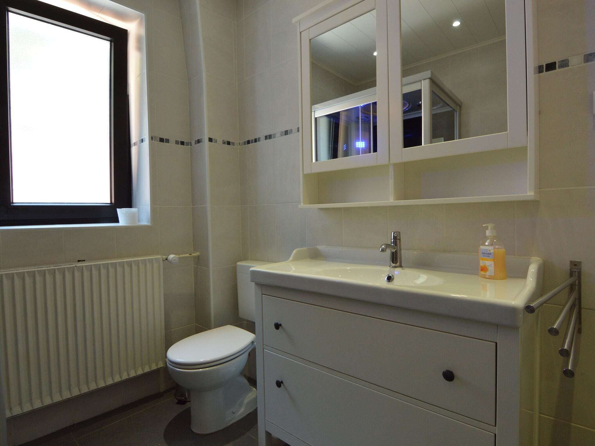 Ein Badezimmer mit Toilette, einem Waschbecken mit Spiegel darüber und einem Fenster.