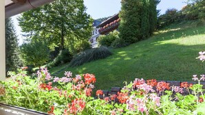 Vista de um jardim com diversas flores e um edifício ao fundo.