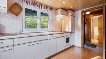 Een koelkast, een oven, een kookplaat, een vaatwasser