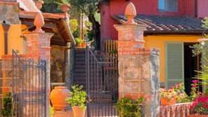 Eine traditionelle Villa im mediterranen Stil mit steinernen Holztoren, Terrakottatöpfen und leuchtenden Blumen.